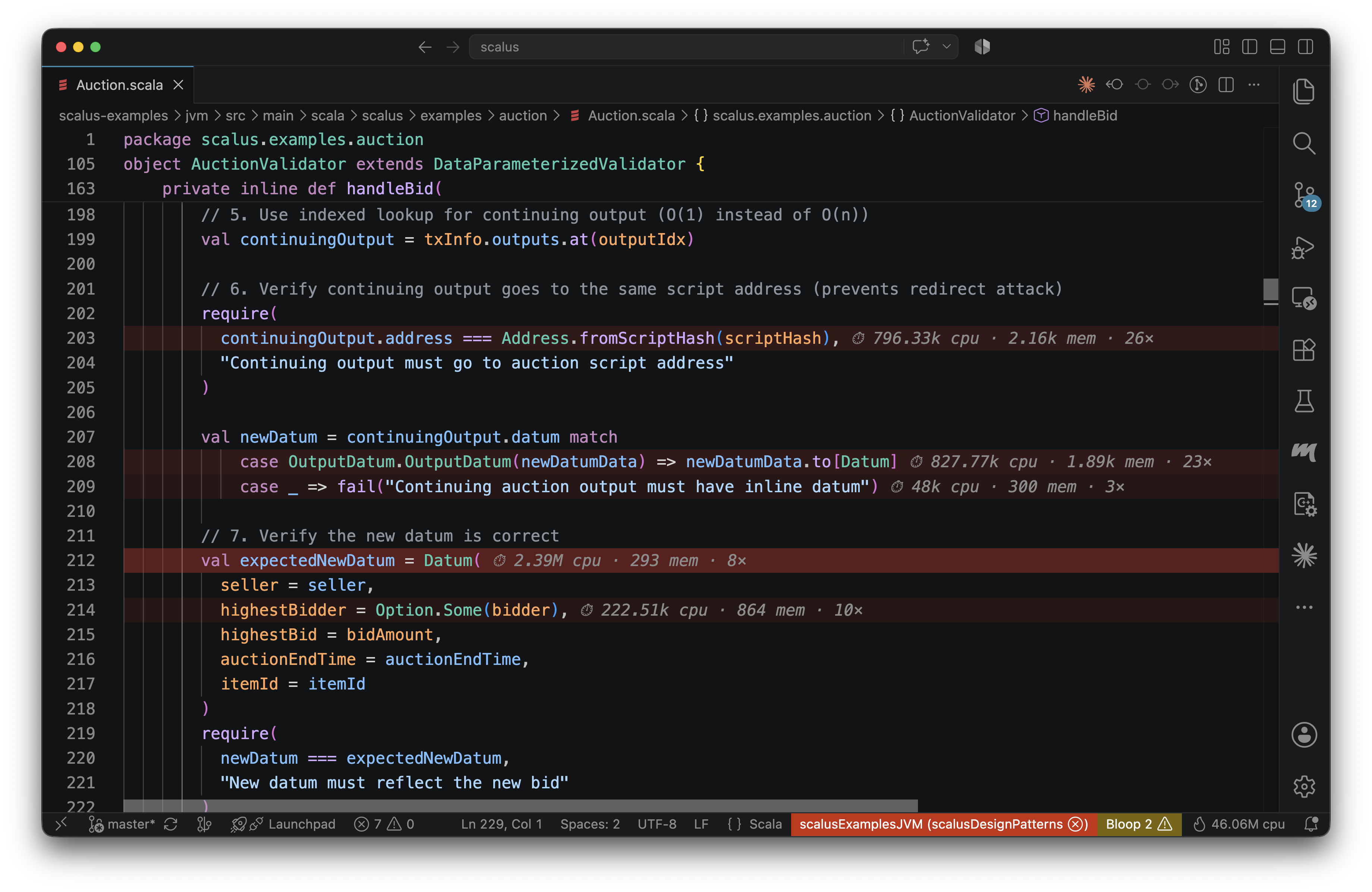 Per-line CEK cost annotations and heat backgrounds on a Scalus auction validator