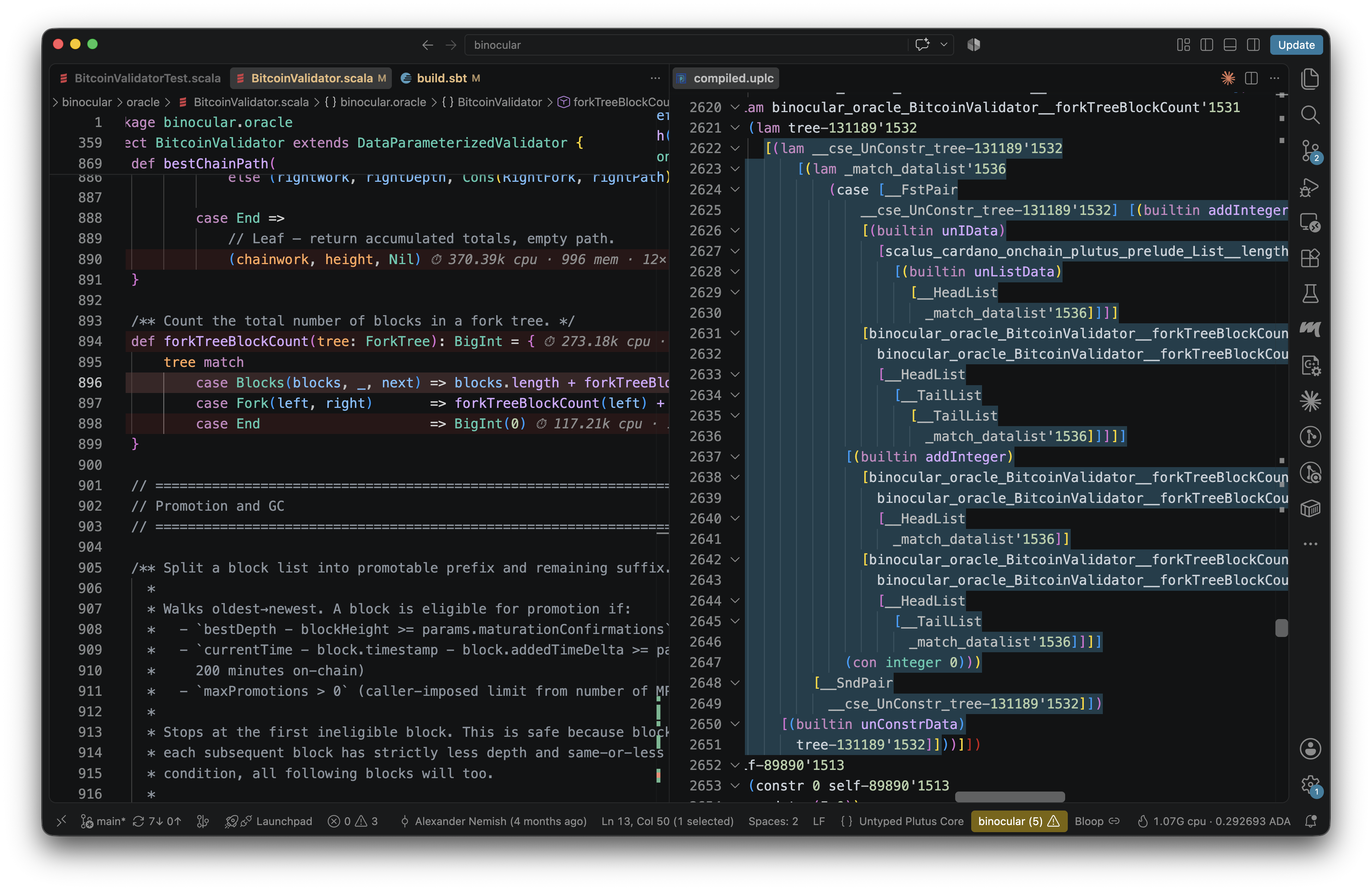 Compiled UPLC view: the profiled validator on the left, its compiled UPLC on the right, with the code compiled from the function under the cursor highlighted